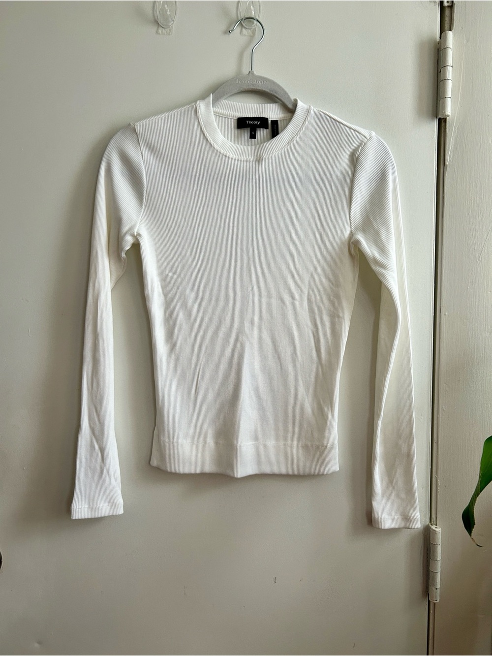 Theory White Ribbed Long-Sleeve Crewneck Top
